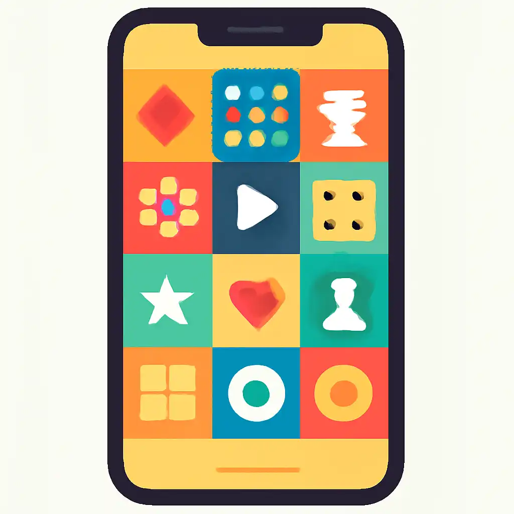 Smartphone shown from the front displaying a colourful flat layout of abstract game icons and rounded tiles, Bharat Club