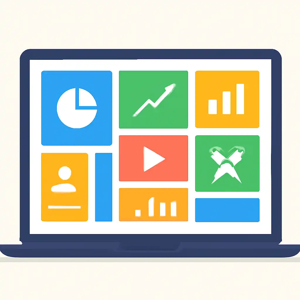 Laptop shown from the front displaying a colourful flat dashboard of abstract charts, bars and icon tiles, Bharat Club