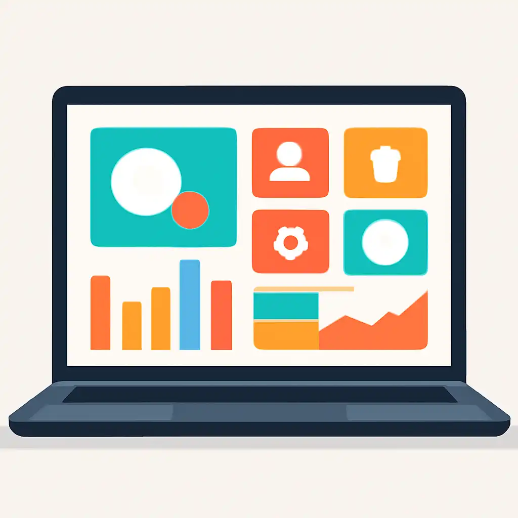 Laptop shown from the front displaying a colourful flat dashboard of abstract charts, bars and icon tiles, Bharat Club