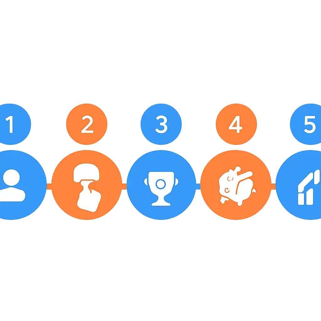 Five numbered circular icons connected by arrows in a horizontal flow, Bharat Club Games & Predictions steps