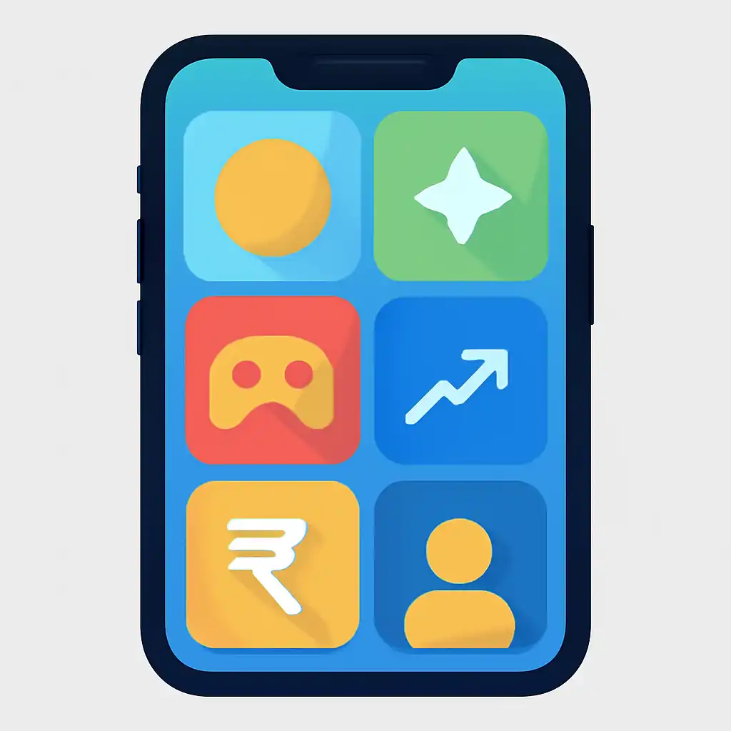 Smartphone shown from the front displaying a colourful flat layout of abstract game icons and rounded tiles, Bharat Club