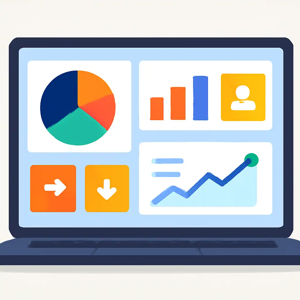 Laptop shown from the front displaying a colourful flat dashboard of abstract charts, bars and icon tiles, Bharat Club