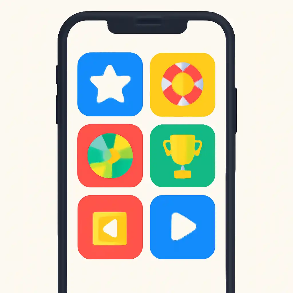 Smartphone shown from the front displaying a colourful flat layout of abstract game icons and rounded tiles, Bharat Club