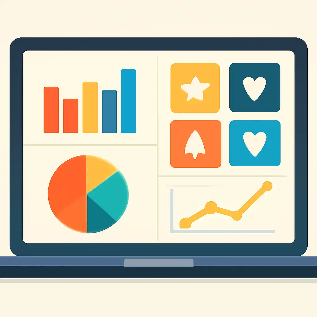 Laptop shown from the front displaying a colourful flat dashboard of abstract charts, bars and icon tiles, Bharat Club