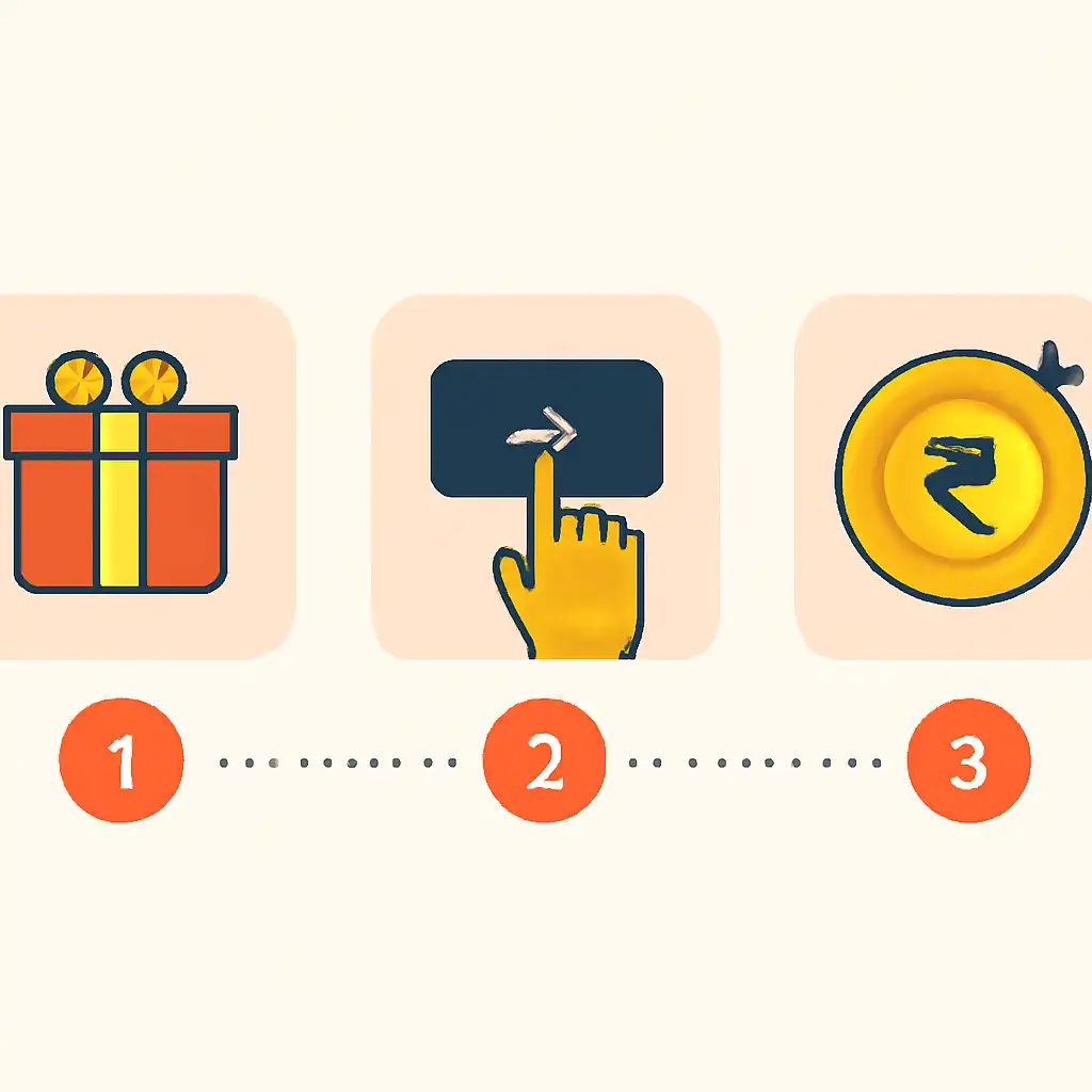 Annotated step diagram: Get a Welcome Bonus of up to ₹1,55,555 Instantly! process with numbered callouts, Bharat Club