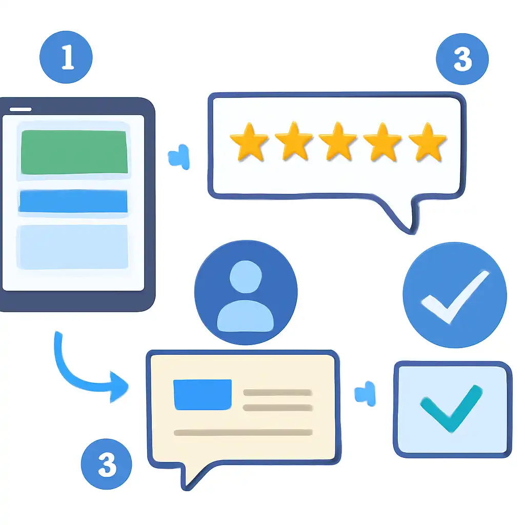 Annotated step diagram: All reviews process with numbered callouts, Bharat Club