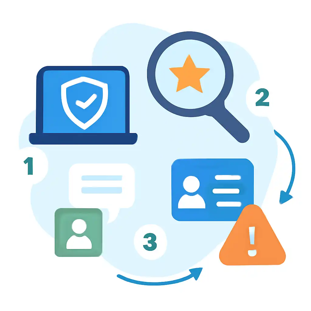 Annotated step diagram: We use technology to protect platform integrity, but we don't fact-check reviews process with