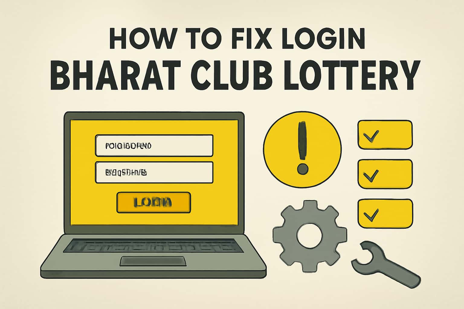 A neutral scene illustrating login troubleshooting steps for the Bharat Club Lottery platform.