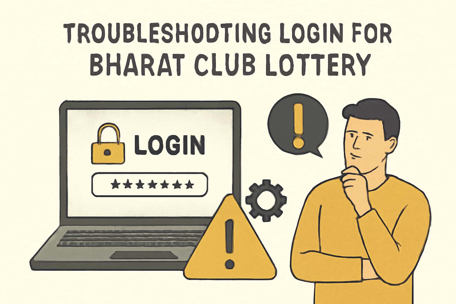 An informational scene regarding troubleshooting login issues for Bharat Club Lottery with highlighted text.